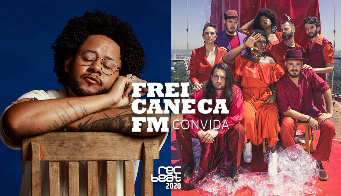 Na foto, à esquerda, Emicida, à direita, Liniker e os Caramelows. no meio, em letras brancas, "Frei Caneca FM convida". Abaixo, "RecBeat 2020"