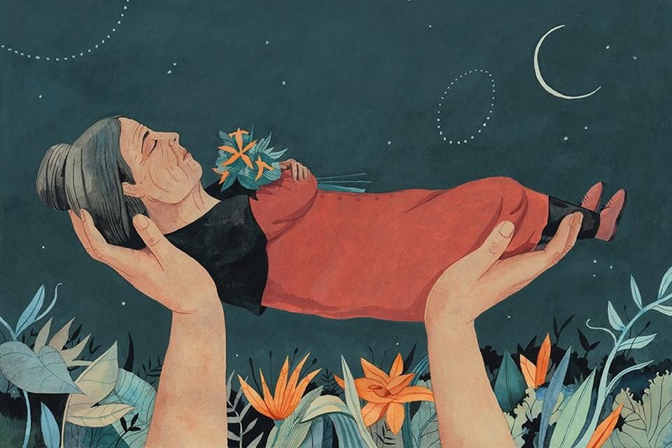 Na ilustração, vê-se uma mulher idosa, de cabelos grisalhos, sendo erguida por duas mãos. Ao fundo flores coloridas e um céu estrelado, com uma meia lua em destaque.