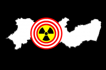 Mapa do Estado de Pernambuco sobreposto por símbolo da energia nuclear estilizado. 