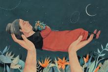 Na ilustração, vê-se uma mulher idosa, de cabelos grisalhos, sendo erguida por duas mãos. Ao fundo flores coloridas e um céu estrelado, com uma meia lua em destaque.