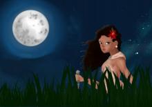 Na ilustração, um céu azul, noturno, com a presença da lua cheia à esquerda, também vê-se folhas verdes. Ao fundo, uma mulher negra de cabelos longos, que usa uma flor no cabelo e carrega um punhal. 