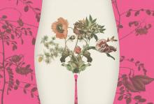 Na ilustração, um fundo rosa e logo à frente, a silhueta de uma mulher cis, com destaque para o útero, de onde saem flores e ervas.